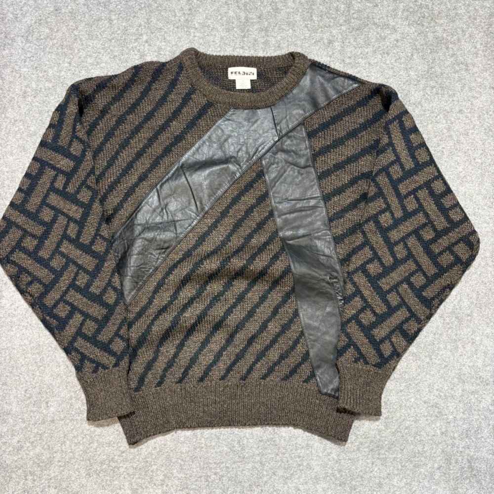 Feldini Vintage Mens Brown Leather Patch Geometric Knit Crewneck Sweater 1X